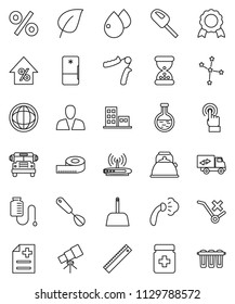 thin line vector icon set - scoop vector, steaming, kettle, whisk, ruler, telescope, medal, school bus, world, leaf, constellation, percent growth, measuring, hand trainer, no trolley, touchscreen