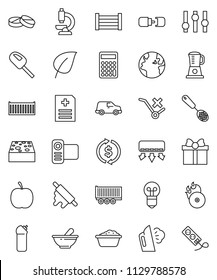 thin line vector icon set - sponge vector, steaming, foam basin, cleaning agent, skimmer, rolling pin, leaf, exchange, calculator, diet, earth, truck trailer, sea container, car, box, music hit