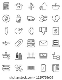 thin line vector icon set - hand mill vector, abacus, exchange, cash, dollar growth, calculator, receipt, medal, tie, cent sign, boxing glove, energy drink, route, plane, delivery, top, barcode