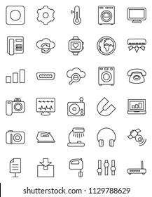 thin line vector icon set - iron vector, mixer, thermometer, table lamp, magnet, laptop graph, heart monitor, earth, package, sorting, radio, satellite, settings, headphones, rec button, hdmi, gear