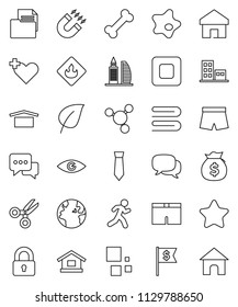 thin line vector icon set - towel vector, splotch, magnet, scissors, molecule, leaf, money bag, dollar flag, tie, shorts, bone, run, earth, document, dry cargo, flammable, dialog, stop button, eye
