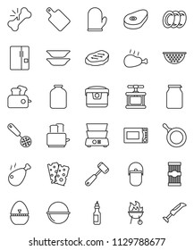 thin line vector icon set - plates vector, camping cauldron, pan, colander, cook glove, timer, press, skimmer, meat hammer, cutting board, toaster, microwave oven, double boiler, bbq, jar, pasta