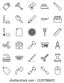 thin line vector icon set - scraper vector, fetlock, sponge, car, steaming, toilet brush, rubber glove, pan, colander, spatula, meat hammer, cutting board, sieve, pen, ruler, drawing compass, coupon