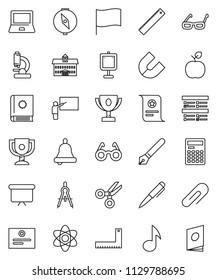 thin line vector icon set - pen vector, university, blackboard, corner ruler, drawing compass, glasses, apple fruit, atom, bell, calculator, notebook pc, award cup, certificate, magnet, scissors