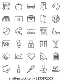 thin line vector icon set - splotch vector, washing powder, washboard, rolling pin, oil, graph, dollar calendar, euro sign, diet, stadium, heart cross, client, receipt, port, glass, no hook, vial