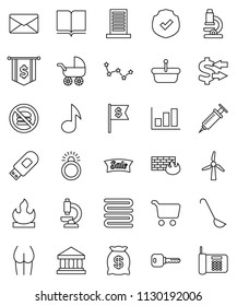 thin line vector icon set - towel vector, ladle, book, microscope, music, constellation, bank, exchange, graph, cart, dollar flag, buttocks, no fastfood, protected, flammable, syringe, firewall, key