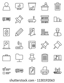 thin line vector icon set - trash bin vector, shining window, pencil, student, case, clipboard, paper pin, exam, manager, receipt, sorting, thumbtack, diagnostic monitor, medical room, router, user