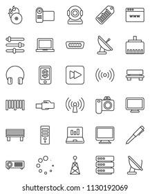 thin line vector icon set - pen vector, notebook pc, laptop graph, barcode, music hit, antenna, headphones, forward button, hdmi, big data, browser, equalizer, lan connector, bench, loading, tap pay