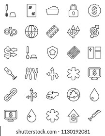 thin line vector icon set - water drop vector, window cleaning, toilet brush, foam basin, blender, exchange, dollar growth, medal, monitor, route, internet, ambulance star, gender sign, chromosomes