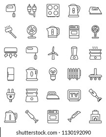 thin line vector icon set - vacuum cleaner vector, iron, kettle, mixer, oven, double boiler, blender, tv, rca, windmill, fridge, power plug, air conditioner, fan, heater, bulb, fireplace