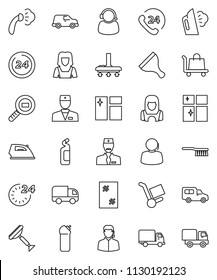 thin line vector icon set - scraper vector, vacuum cleaner, fetlock, window cleaning, iron, steaming, agent, shining, woman, phone 24, support, delivery, car, cargo search, doctor, hour, trolley