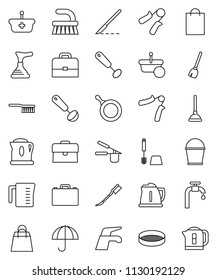 thin line vector icon set - plunger vector, broom, water tap, fetlock, bucket, car, toilet brush, pan, kettle, measuring cup, cook press, whisk, ladle, sieve, case, hand trainer, umbrella, scalpel