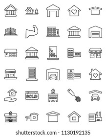 thin line vector icon set - house hold vector, skimmer, university, school building, bank, muscule hand, office, dry cargo, warehouse, hospital, cottage, chalet, garage, barn, sold signboard, mall