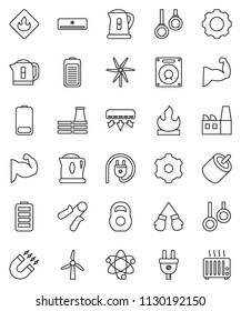 thin line vector icon set - kettle vector, atom, magnet, weight, hand trainer, muscule, boxing glove, gymnast rings, flammable, battery, rca, gear, windmill, air conditioner, factory, power plug