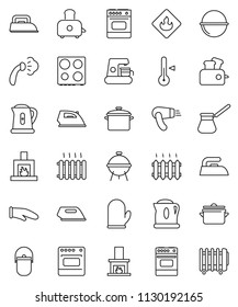 thin line vector icon set - iron vector, steaming, pan, camping cauldron, kettle, cook glove, turk coffee, toaster, oven, thermometer, bbq, flammable, fireplace, heating, maker, hair dryer, heater