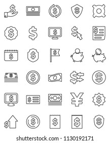 thin line vector icon set - exchange vector, dollar coin, cash, piggy bank, investment, growth, receipt, medal, flag, shield, calendar, monitor, cursor, any currency, yen sign, money