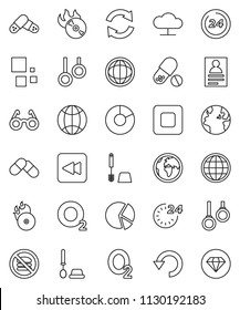 thin line vector icon set - toilet brush vector, glasses, world, personal information, pie graph, pills, no fastfood, gymnast rings, oxygen, earth, music hit, stop button, backward, cloud network