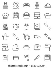thin line vector icon set - pan vector, cook hat, apron, glove, timer, whisk, spatula, knife, grater, oven, double boiler, cookbook, sieve, dish, mixer, multi cooker, toaster