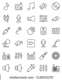 thin line vector icon set - music vector, disk, microphone, radio, speaker, loudspeaker, settings, equalizer, forward button, rca, jack