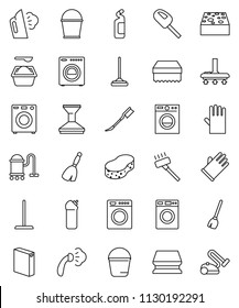 thin line vector icon set - broom vector, vacuum cleaner, mop, bucket, sponge, car fetlock, steaming, washer, washing powder, cleaning agent, rubber glove