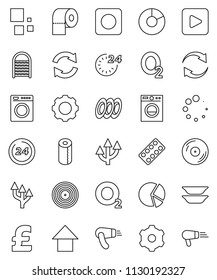 thin line vector icon set - washboard vector, toilet paper, plates, pie graph, arrow up, pound, oxygen, disk, play button, rec, pills blister, gear, refresh, loading, route, 24 hour, washer