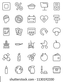 thin line vector icon set - cleaner trolley vector, toilet brush, foam basin, cleaning agent, pan, jug, mushroom, backpack, wallet, bank building, diet, punching bag, fitball, breads, shuttlecock