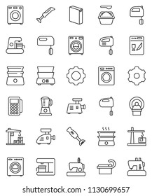 thin line vector icon set - washer vector, washing powder, mixer, double boiler, blender, tomography, gear, construction crane, card reader, dishwasher, coffee maker, meat grinder, sewing machine