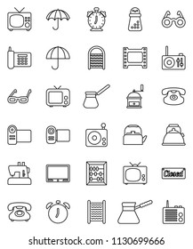 thin line vector icon set - washboard vector, kettle, hand mill, turk coffee, glasses, alarm clock, abacus, phone, umbrella, film frame, radio, tv, classic, closed, video camera, sewing machine