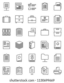 thin line vector icon set - case vector, clipboard, certificate, document, archive, exam, annual report, binder, receipt, newspaper, network folder, big data, estate, catalog, printer