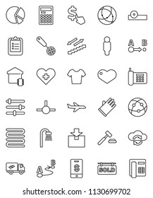 thin line vector icon set - rubber glove vector, towel, skimmer, calculator, clipboard, pie graph, auction, man, dollar cursor, t shirt, stairways run, plane, phone, package, route, internet, heart