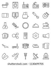 thin line vector icon set - scoop vector, sink, measuring cup, whisk, toaster, dish, magnet, flask, monitor dollar, hand trainer, hoop, loudspeaker, crutches, tomography, server, gear, share, washer