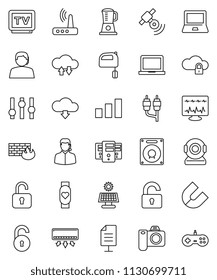 thin line vector icon set - mixer vector, notebook pc, magnet, heart monitor, support, sorting, satellitie, settings, tv, rca, diagnostic, cloud lock, exchange, server, firewall, router, download