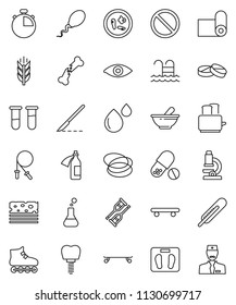 thin line vector icon set - toaster vector, microscope, scales, stopwatch, jump rope, roller Skates, skateboard, pills, fitness mat, cereals, breads, pool, prohibition sign, hoop, thermometer, flask