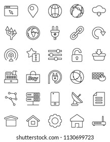 thin line vector icon set - document vector, earth, dry cargo, antenna, mobile phone, connection, network, server, browser, gear, equalizer, firewall, home, favorites, redo, cloud download, chain