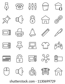 thin line vector icon set - bucket vector, microwave oven, pen, ruler, bell, notebook pc, school bus, calendar, speaker, settings, social media, thumbtack, disabled, home, chain, lock, unlock, smart