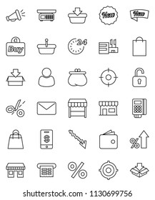 thin line vector icon set - wallet vector, crisis, percent growth, target, office, new, 24 hour, shopping bag, market, store, mall, customer, buy, card reader, receipt, basket, mail, loudspeaker
