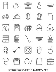 thin line vector icon set - camping cauldron vector, oil, colander, scales, cook timer, ladle, cutting board, grater, toaster, oven, double boiler, cookbook, bbq, plates, dish, jar, egg, mushroom