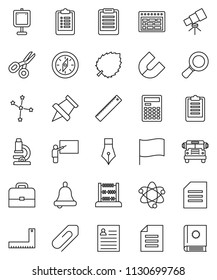 thin line vector icon set - pen vector, blackboard, corner ruler, case, atom, telescope, microscope, bell, calculator, schedule, clipboard, paper pin, compass, magnet, scissors, school bus, abacus