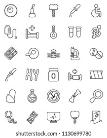 thin line vector icon set - school building vector, disabled, thermometer, flask, vial, gender sign, magnifier, pregnancy, insemination, dropper, crutches, broken bone, stethoscope, pills, bottle