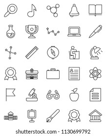 thin line vector icon set - book vector, pen, university, school building, ruler, glasses, student, case, apple fruit, atom, microscope, bell, table lamp, notebook pc, compass, award cup, medal