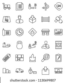 thin line vector icon set - route vector, office, satellite, phone, 24, client, ship, car, clock, calendar, port, wood box, consolidated cargo, clipboard, document, package, sorting, weight, search