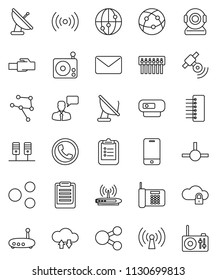 thin line vector icon set - clipboard vector, radio, satellitie, internet, mobile phone, speaking man, connect, network, server, cloud lock, exchange, hub, router, lan connector, share, wireless