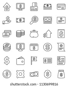 thin line vector icon set - certificate vector, dollar coin, credit card, wallet, cash, investment, growth, stack, receipt, money search, flag, shield, calendar, monitor, any currency, sign, bag