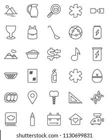 thin line vector icon set - window cleaning vector, foam basin, agent, plates, colander, cook timer, ladle, cookbook, jug, corner ruler, backpack, music, exchange, punching bag, enegry drink, glass