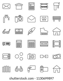thin line vector icon set - welcome mat vector, pen, blackboard, glasses, calculator, cash, roller Skates, dry cargo, film frame, mail, share, home, bench, connection, water supply, fence, camera