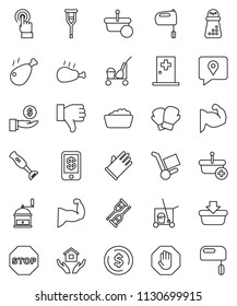 thin line vector icon set - cleaner trolley vector, foam basin, rubber glove, house hold, hand mill, mixer, blender, chicken leg, dollar coin, investment, muscule, boxing, traking, touchscreen, stop