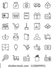 thin line vector icon set - scoop vector, washing powder, cereal, pasta, archive, binder, safe, first aid kit, cargo, no trolley, package, search, radio, mailbox, relocation truck, gift, cashbox
