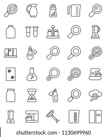 thin line vector icon set - scraper vector, window cleaning, shining, measuring cup, hand mill, spices, jug, jar, magnifier, flask, cargo search, vial, sand clock, potion, cloud glass, estate