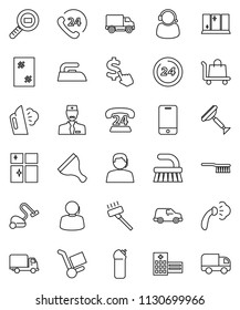 thin line vector icon set - scraper vector, vacuum cleaner, fetlock, window cleaning, iron, steaming, agent, shining, dollar cursor, phone 24, support, delivery, car, cargo search, mobile, doctor
