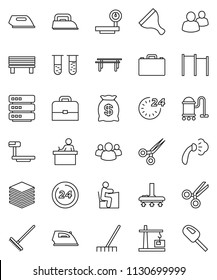 thin line vector icon set - scraper vector, vacuum cleaner, rake, iron, steaming, student, case, horizontal bar, big scales, group, vial, scissors, data, bench, construction crane, money bag